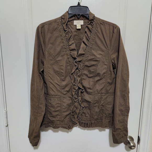 Loft Women's M Brown Ruffle Zip Front Unlined Cotton Jacket Goblincore - Picture 1 of 7